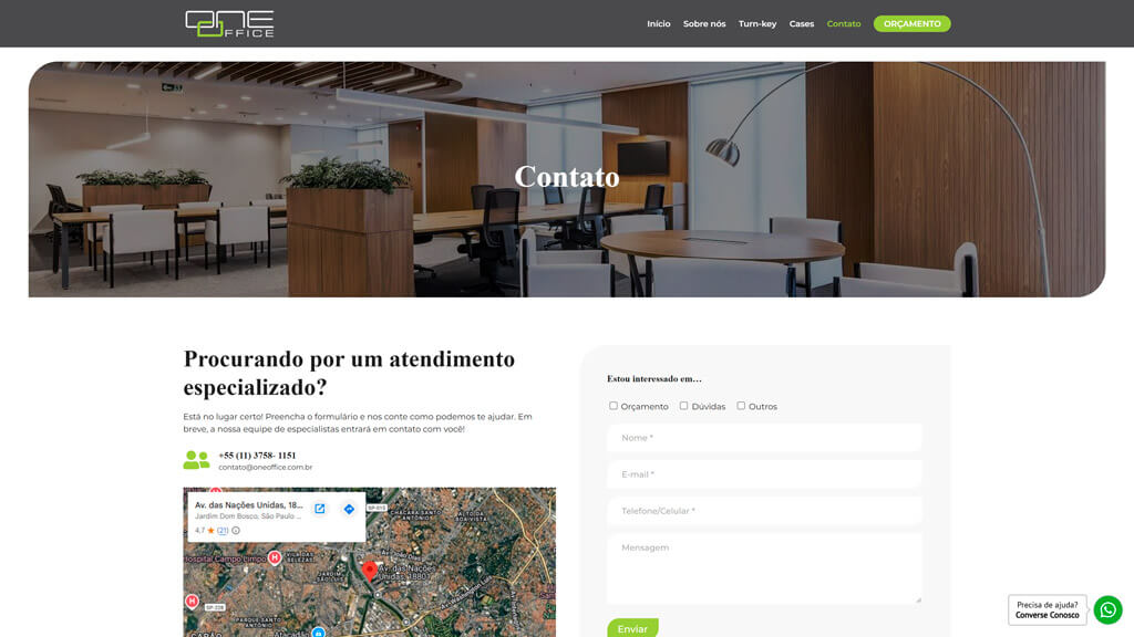 Página "Contato" do site One Office Print da página Contato do site One Office, criado pela agência Weein
