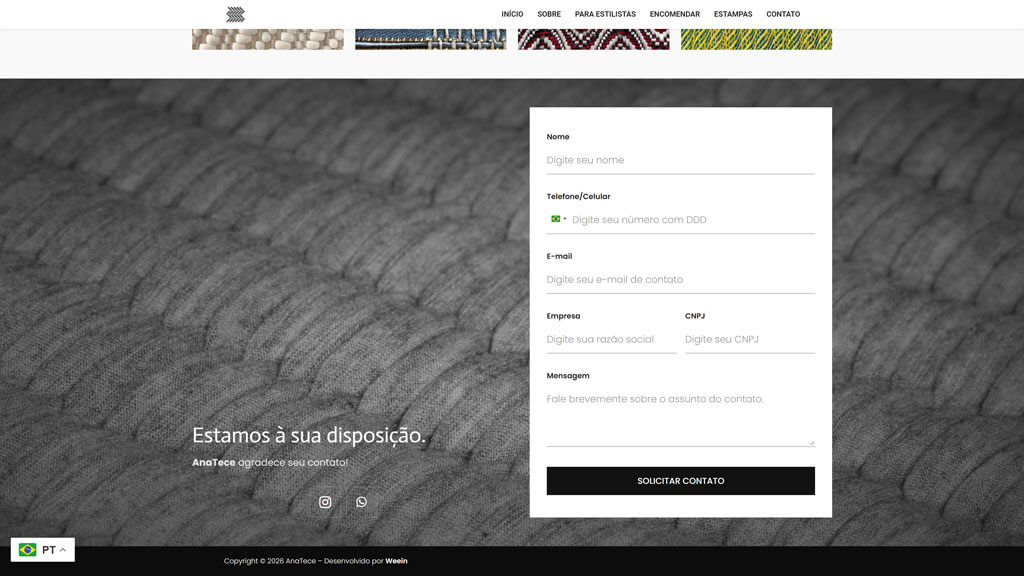 Seção de contato do site AnaTece Print da seção de contato do site AnaTece, criado pela agência Weein