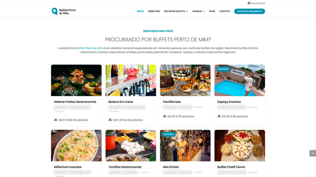 Seção "Destaque" da plataforma Buffets Perto de Mim Print da seção Destaque da plataforma Buffets Perto de Mim, criada pela agência Weein