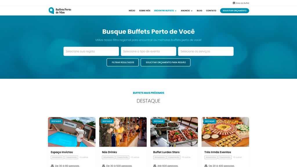 Página "Pesquisa" da plataforma Buffets Perto de Mim Print da página Pesquisa da plataforma Buffets Perto de Mim, criada pela agência Weein