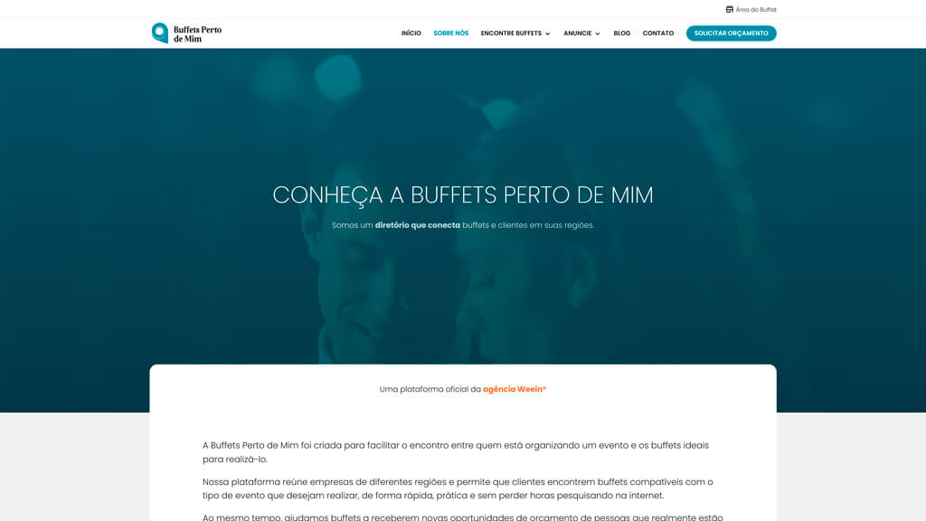 Página "Sobre" da plataforma Buffets Perto de Mim Print da página Sobre da plataforma Buffets Perto de Mim, criada pela agência Weein