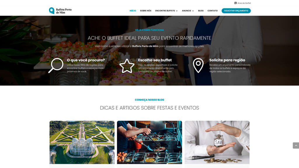 Seção "Como Funciona" da plataforma Buffets Perto de Mim Print da seção Como Funciona da plataforma Buffets Perto de Mim, criada pela agência Weein