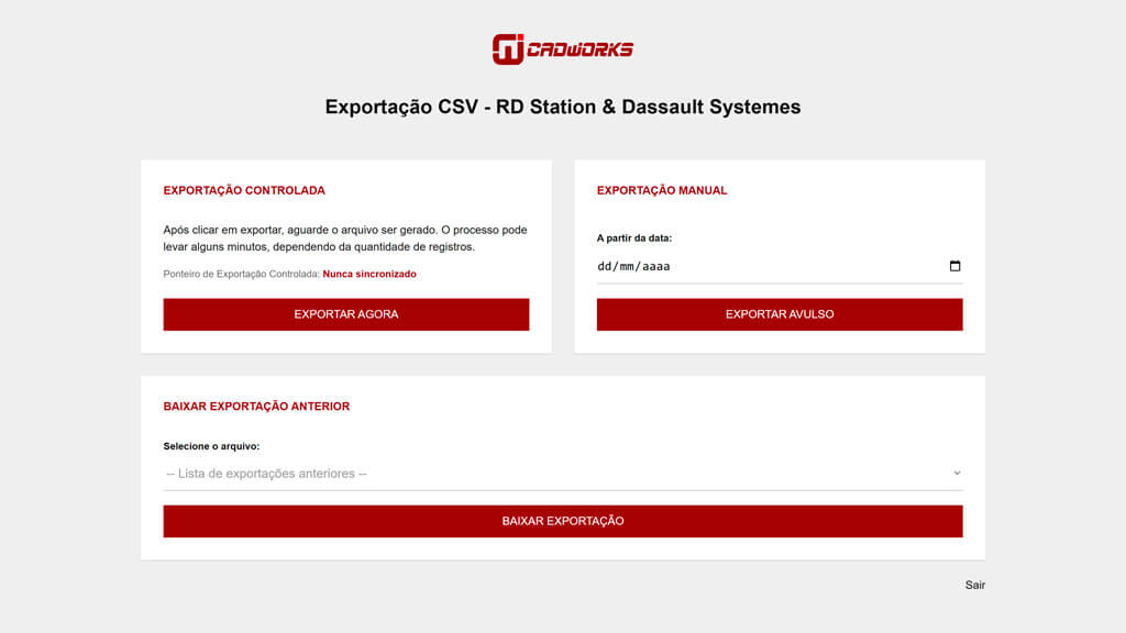 Tela logada do Gerador de CSV da CADWORKS Print da tela logada do Gerador de CSV da CADWORKS, criada pela agência Weein