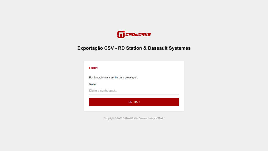 Tela de Login do Gerador de CSV da CADWORKS Print da tela de Login do Gerador de CSV da CADWORKS, criada pela agência Weein