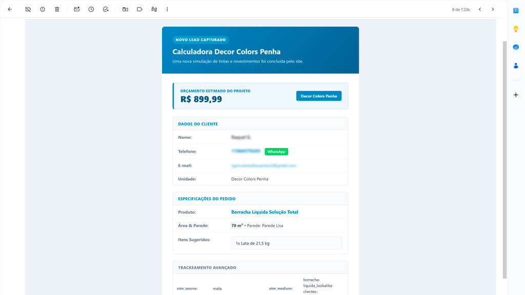 E-mail de orçamento da Calculadora Decor Colors Print do e-mail de orçamento da Calculadora Decor Colors, criada pela agência Weein