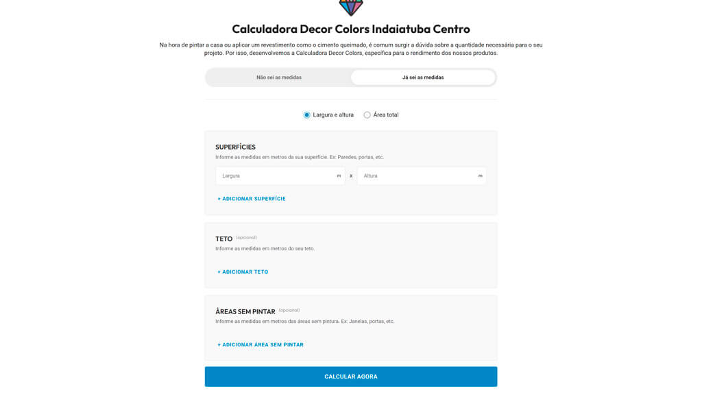 Tela "Já sei as medidas" da Calculadora Decor Colors Print da tela Já sei as medidas da Calculadora Decor Colors, criada pela agência Weein