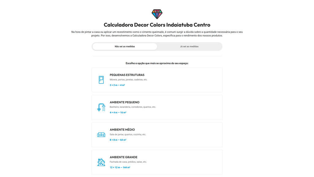 Tela "Não sei as medidas" da Calculadora Decor Colors Print da tela Não sei as medidas da Calculadora Decor Colors, criada pela agência Weein
