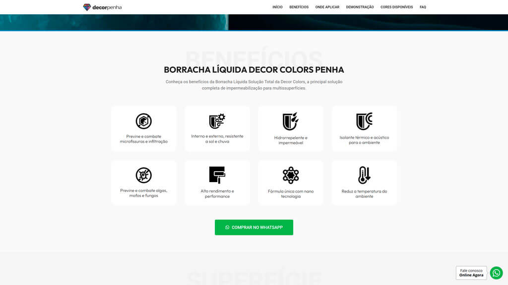 Seção de benefícios da borracha líquida do site Decor Colors Print da seção de benefícios da borracha líquida do site Decor Colors, criado pela agência Weein