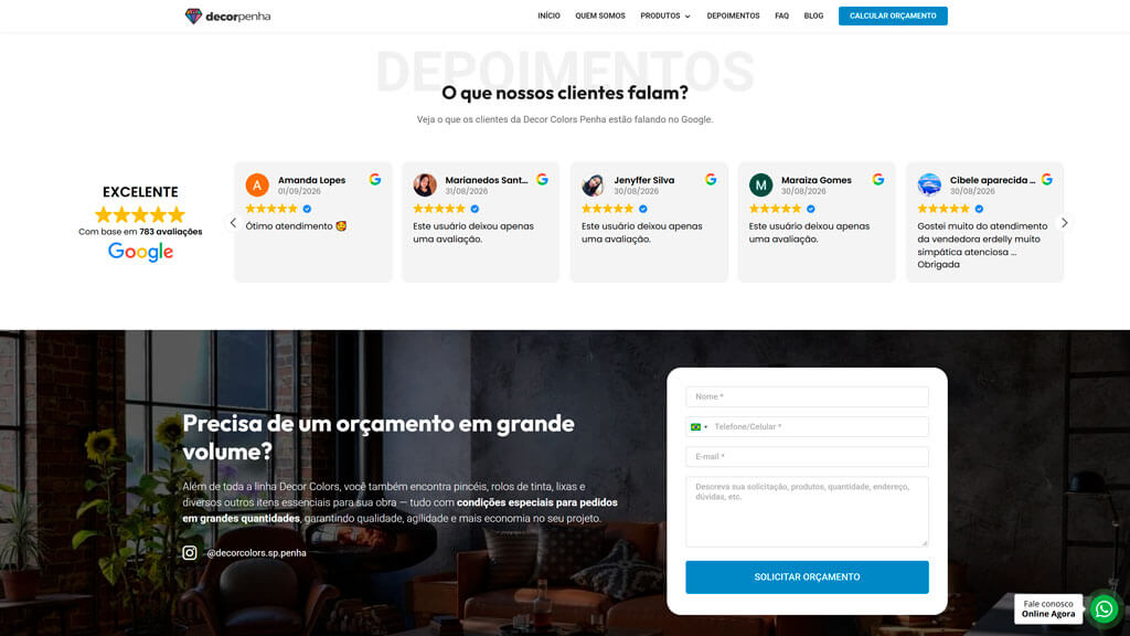 Seção de depoimentos e orçamento do site Decor Colors Print da seção de depoimentos e orçamento do site Decor Colors, criado pela agência Weein