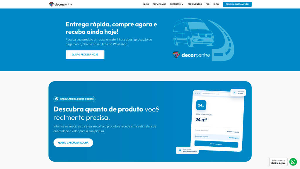 Seção de entrega rápida e calculadora do site Decor Colors Print da seção entrega rápida e calculadora do site Decor Colors, criado pela agência Weein