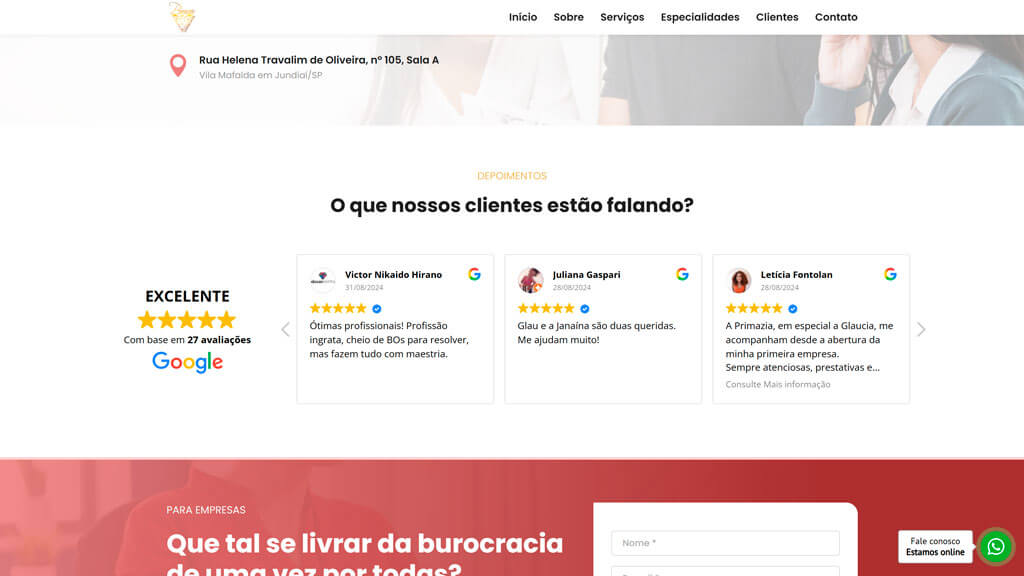 Seção de depoimentos do site Escritório Primazia Print da seção de depoimentos do site Escritório Primazia, criado pela agência Weein