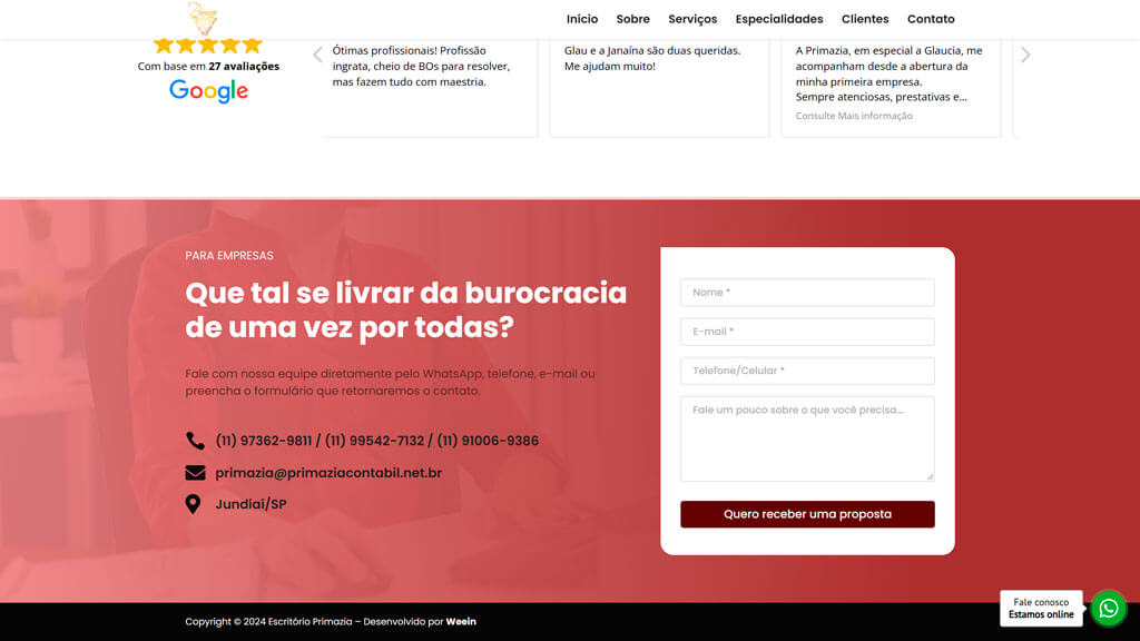 Seção de contato do site Escritório Primazia Print da seção de contato do site Escritório Primazia, criado pela agência Weein