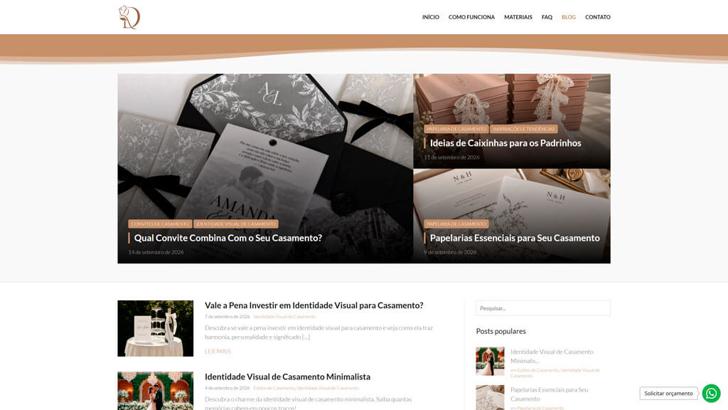 Página "Blog" do site Identidade Visual para Casamento Print da página Blog do site Identidade Visual para Casamento, criado pela agência Weein