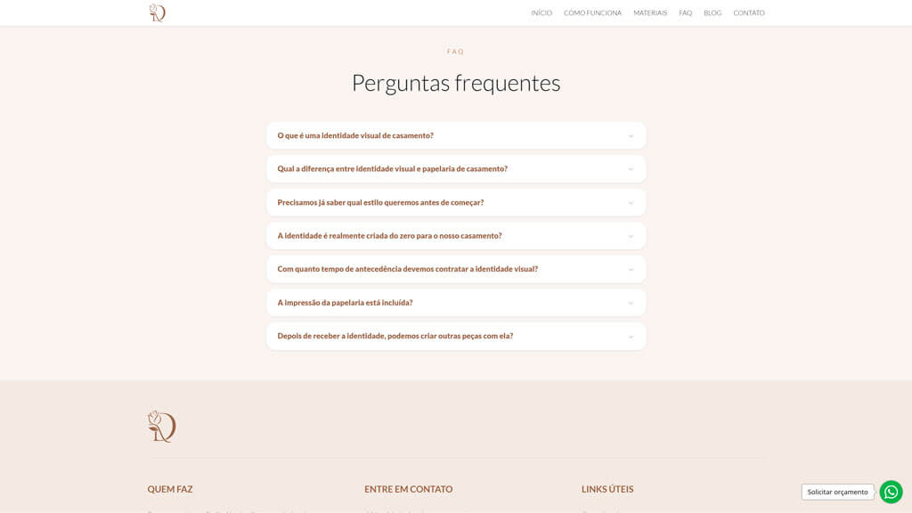 Seção "FAQ" do site Identidade Visual para Casamento Print da seção FAQ do site Identidade Visual para Casamento, criado pela agência Weein
