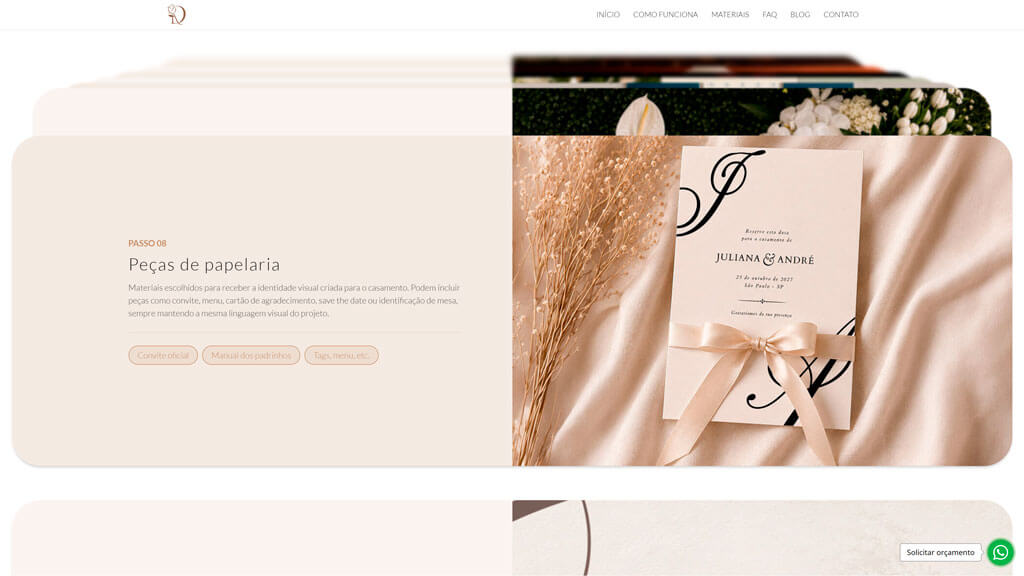 Seção "Peças de Papelaria" do site Identidade Visual para Casamento Print da seção Peças de Papelaria do site Identidade Visual para Casamento, criado pela agência Weein