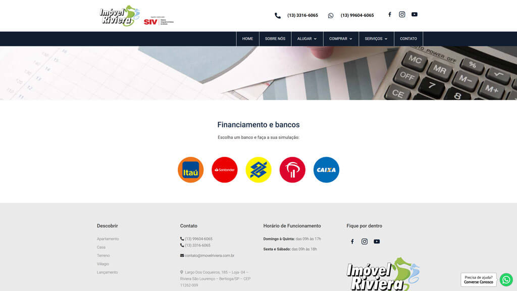 Página "Financiamento e Bancos" do site Imóvel Riviera Print da página Financiamento e Bancos do site Imóvel Riviera, criado pelas agências Weein & Lamattina