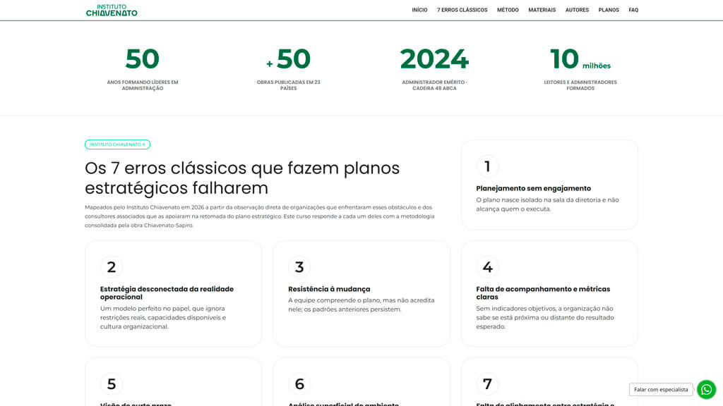Seção "Os 7 Erros Clássicos" do site Instituto Chiavenato Print da seção Os 7 Erros Clássicos do site Instituto Chiavenato, criado pela agência Weein