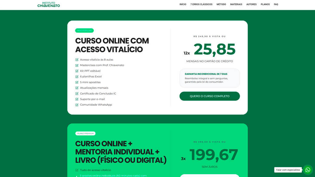 Seção "Preços" do site Instituto Chiavenato Print da seção Preços do site Instituto Chiavenato, criado pela agência Weein