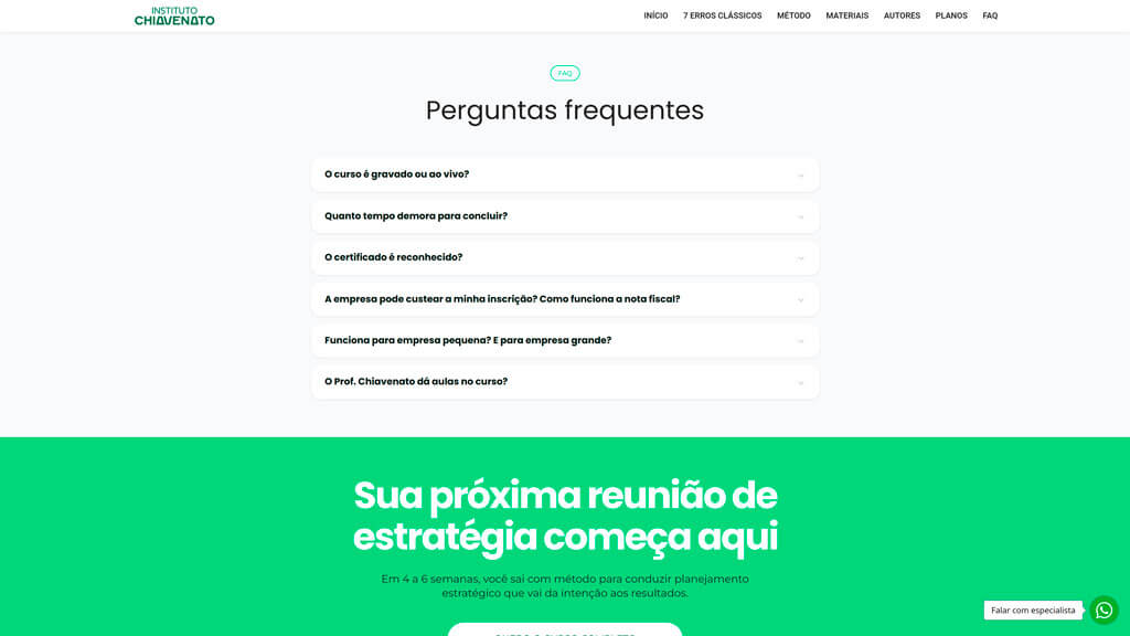 Seção FAQ do site Instituto Chiavenato Print da seção FAQ do site Instituto Chiavenato, criado pela agência Weein