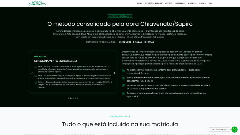 Seção "O Método Consolidado" do site Instituto Chiavenato Print da seção O Método Consolidado do site Instituto Chiavenato, criado pela agência Weein