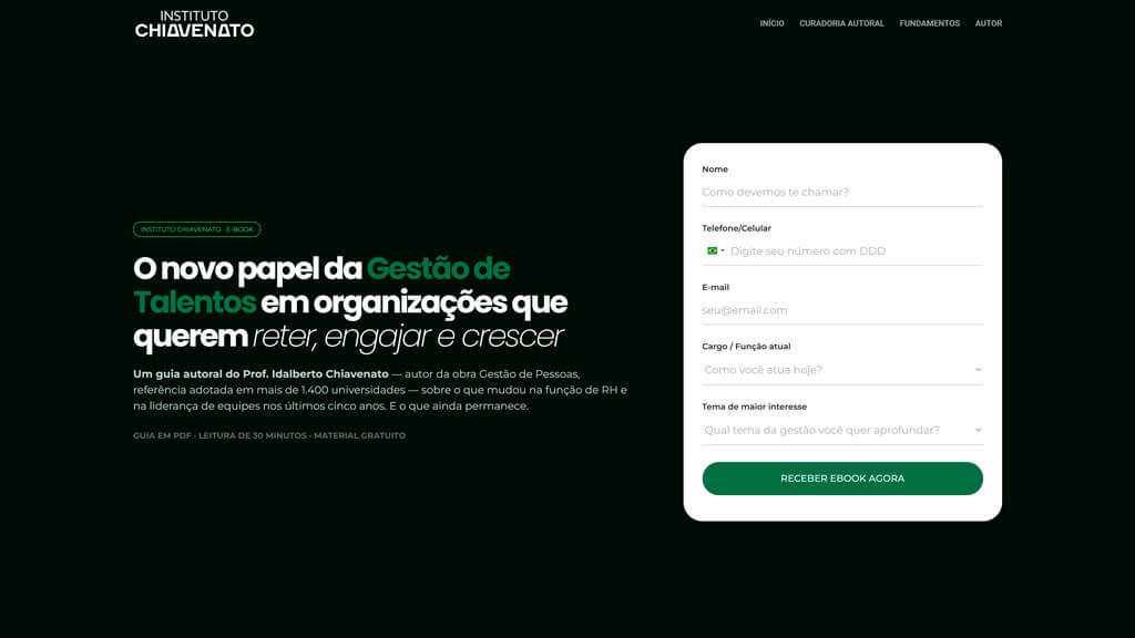 Página de ebook "O Novo Papel da Gestão de Talentos" do site Instituto Chiavenato Print da página de ebook O Novo Papel da Gestão de Talentos do site Instituto Chiavenato, criado pela agência Weein