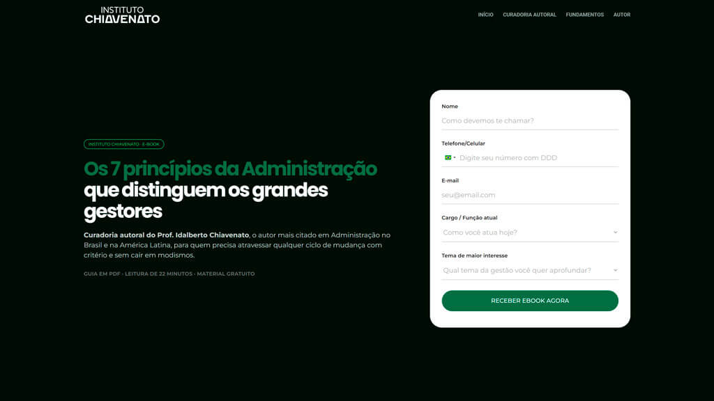 Página de ebook "Os 7 Princípios" do site Instituto Chiavenato Print da página de ebook Os 7 Princípios do site Instituto Chiavenato, criado pela agência Weein