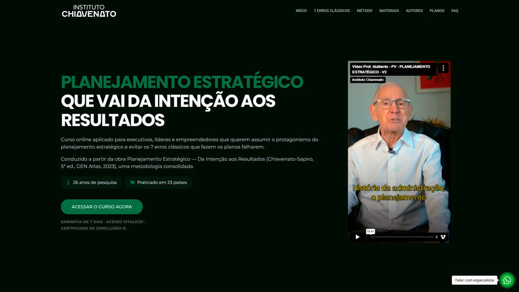 Primeira seção do curso "Planejamento Estratégico" do site Instituto Chiavenato Print da primeira seção do curso Planejamento Estratégico do site Instituto Chiavenato, criado pela agência Weein