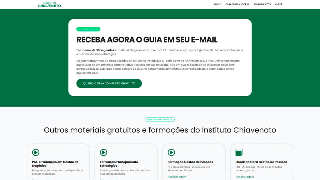 Seção "Receba Agora" do site Instituto Chiavenato Print da seção Receba Agora do site Instituto Chiavenato, criado pela agência Weein