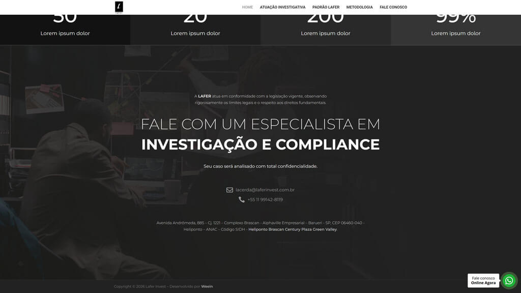 Seção "Investigação e Compliance" do site Lafer Print da seção Investigação e Compliance do site Lafer, criado pela agência Weein