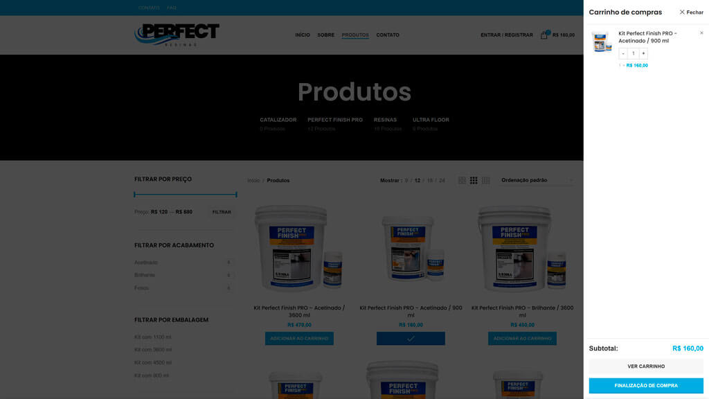 Carrinho de Compras do site Perfect Resinas Print do Carrinho de Compras do site Perfect Resinas, criado pela agência Weein