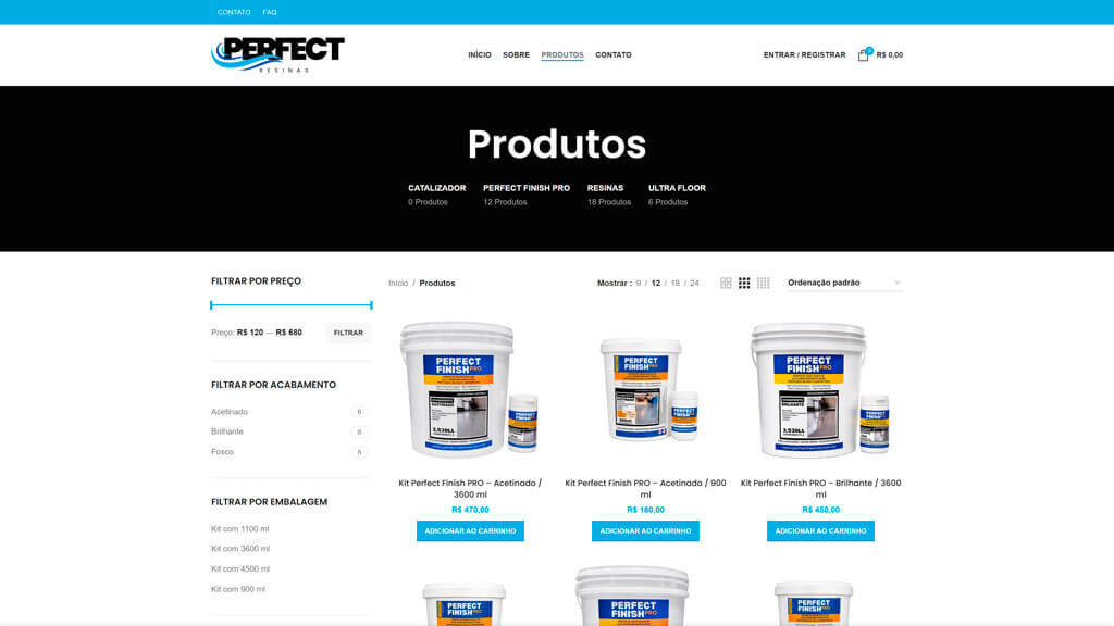 Página "Produtos" do site Perfect Resinas Print da página Produtos do site Perfect Resinas, criado pela agência Weein