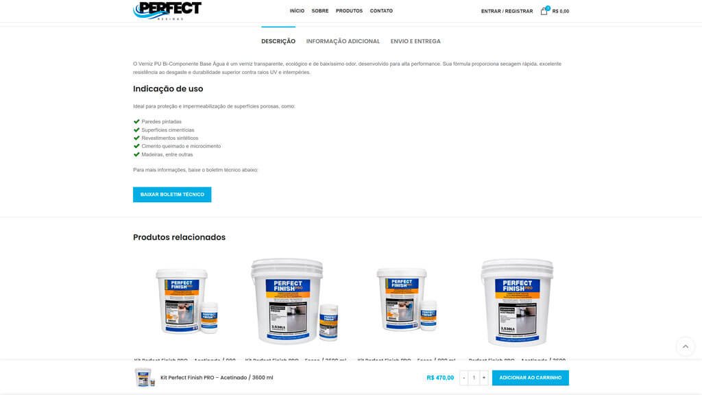 Descrição do produto do site Perfect Resinas Print da descrição do produto do site Perfect Resinas, criado pela agência Weein