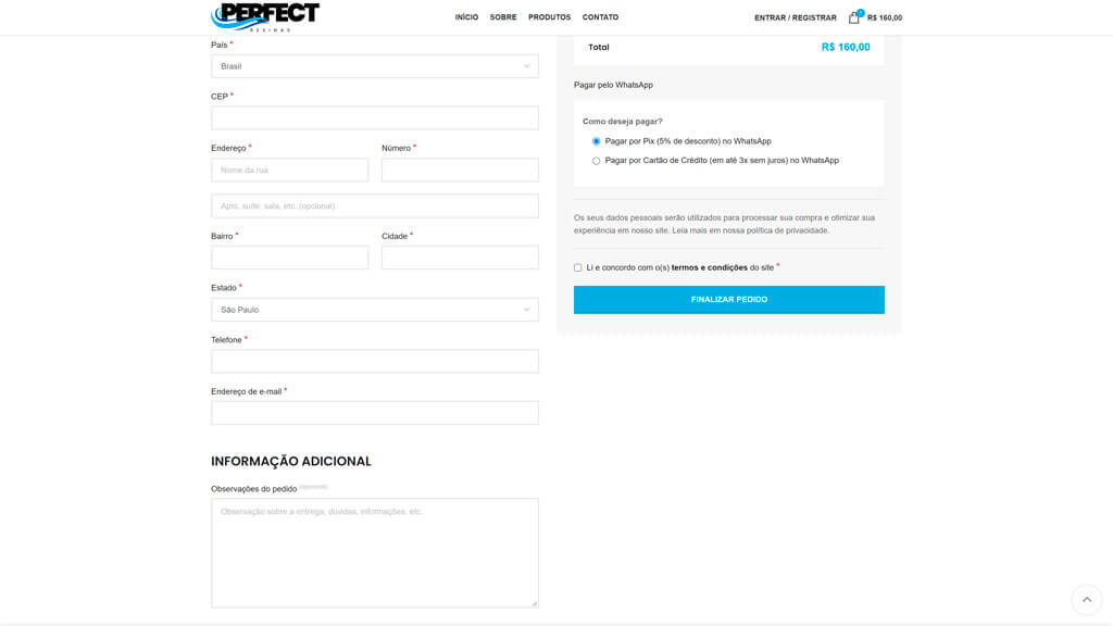 Métodos de Pagamento do site Perfect Resinas Print dos Métodos de Pagamento do site Perfect Resinas, criado pela agência Weein