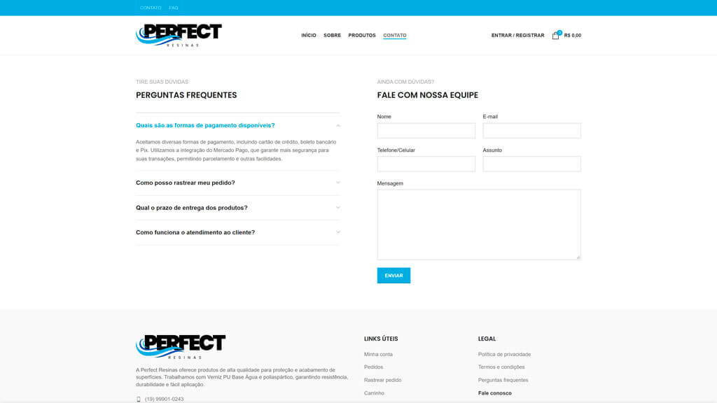 Página "Contato" do site Perfect Resinas Print da página Contato do site Perfect Resinas, criado pela agência Weein