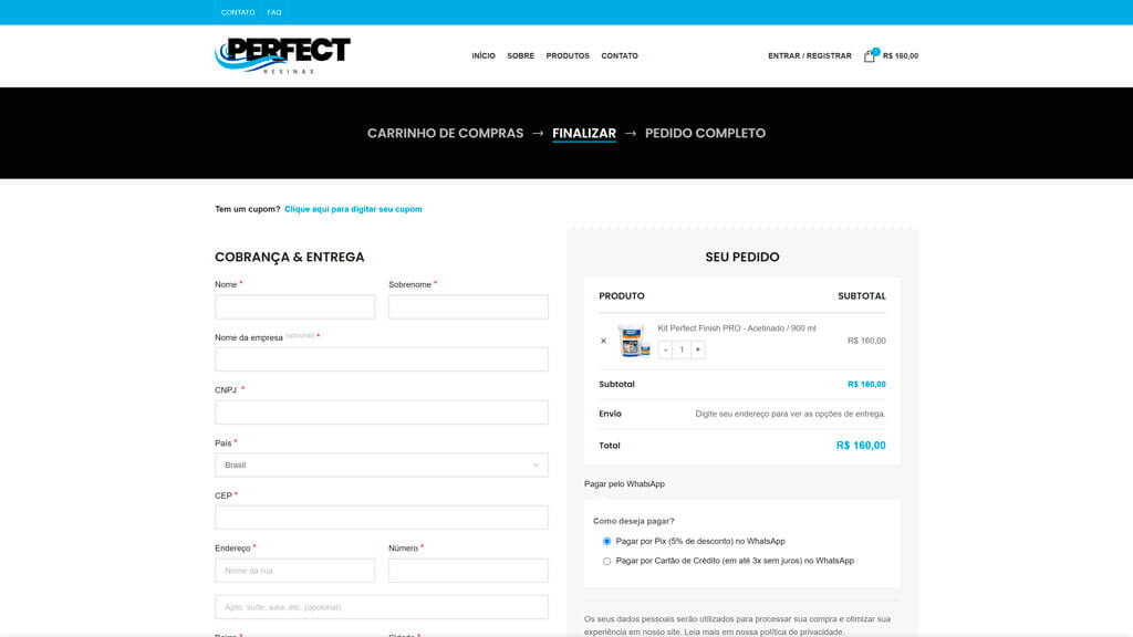 Página "Finalização de Compra" do site Perfect Resinas Print da página Finalização de Compra do site Perfect Resinas, criado pela agência Weein