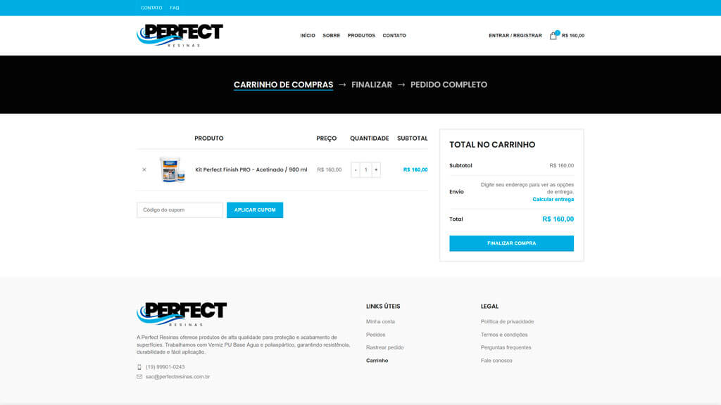Página "Carrinho" do site Perfect Resinas Print da página Carrinho do site Perfect Resinas, criado pela agência Weein