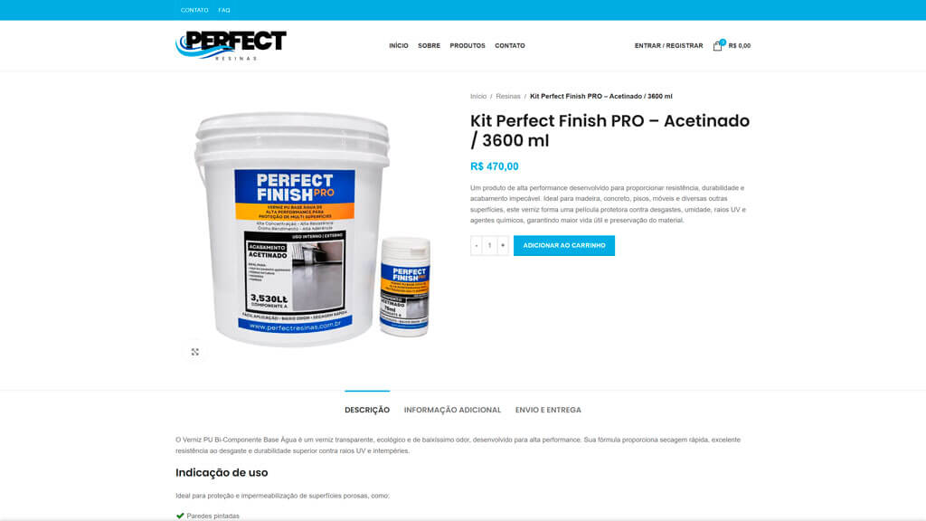 Página "Produto" do site Perfect Resinas Print da página Produto do site Perfect Resinas, criado pela agência Weein