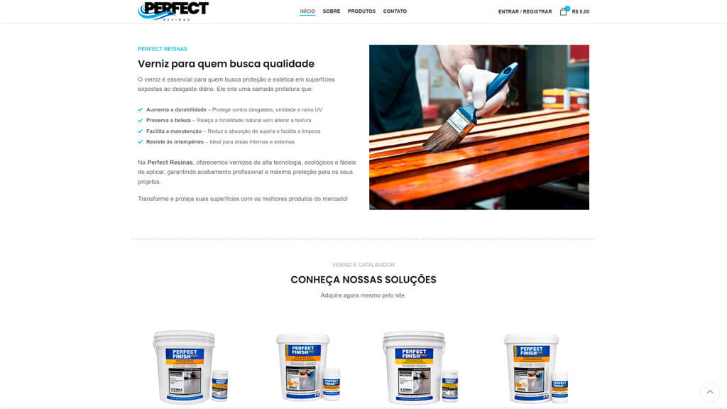 Seção "Sobre Vernizes" do site Perfect Resinas Print da seção Sobre Vernizes do site Perfect Resinas, criado pela agência Weein