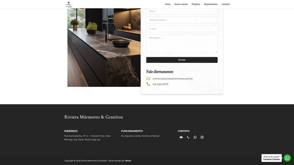 Seção "Contato" do site Riviera Mármores Print da seção Contato do site Riviera Mármores, criado pela agência Weein