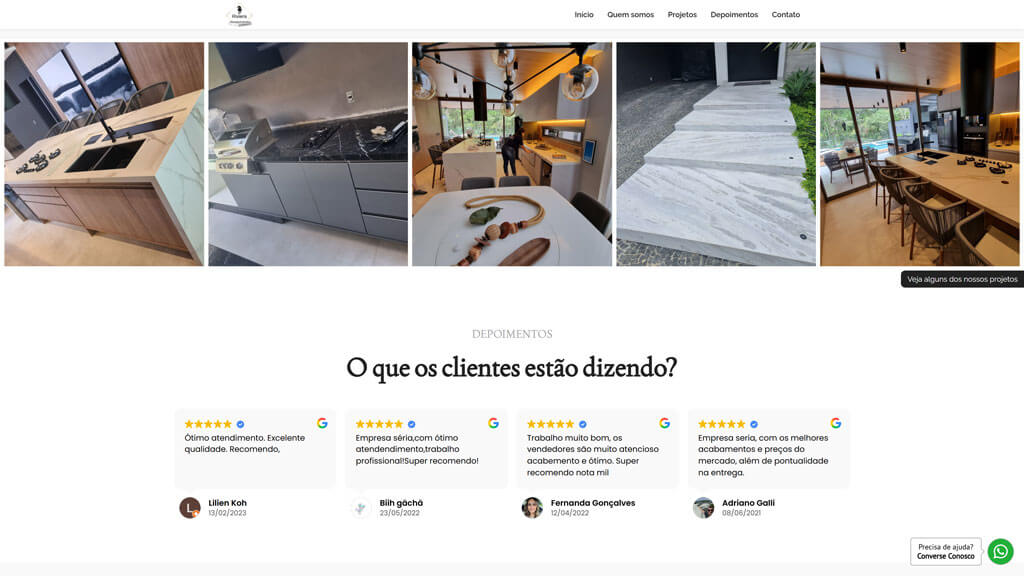 Seção "Depoimentos" do site Riviera Mármores Print da seção Depoimentos do site Riviera Mármores, criado pela agência Weein