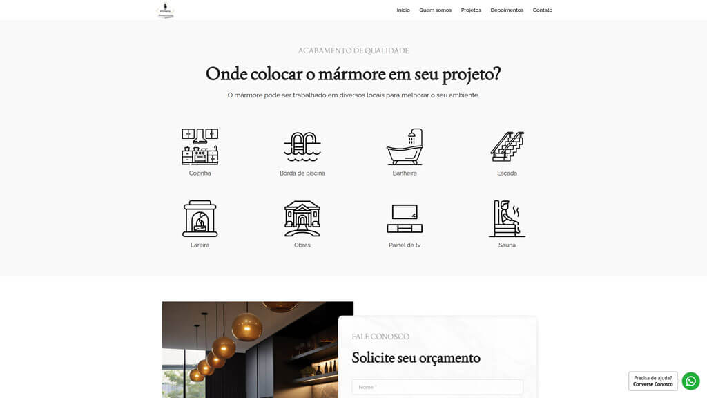 Seção "Onde Colocar" do site Riviera Mármores Print da seção Onde Colocar do site Riviera Mármores, criado pela agência Weein