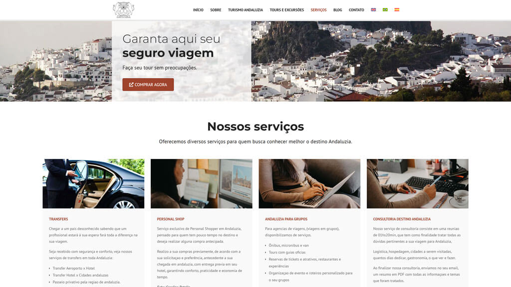 Seção "Nossos Serviços" do site Turismo em Andaluzia Print da seção Nossos Serviços do site Turismo em Andaluzia, criado pela agência Weein