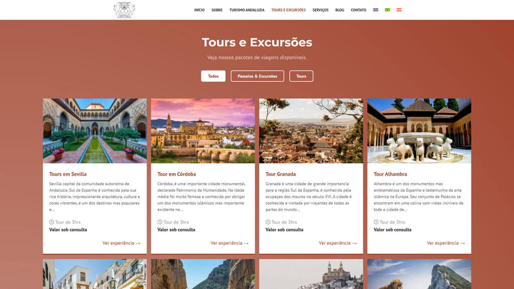 Seção "Tours e Excursões" do site Turismo em Andaluzia Print da seção Tours e Excursões do site Turismo em Andaluzia, criado pela agência Weein